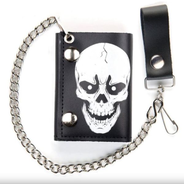 Skull - Genuine Leather Tri-Fold Wallet w12 wallet chain